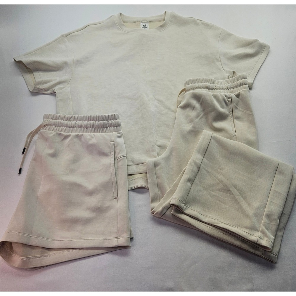 Members Mark Sandwash Lounge Set Tee Shorts Wide Leg Pants Cream 3 Piece L XL